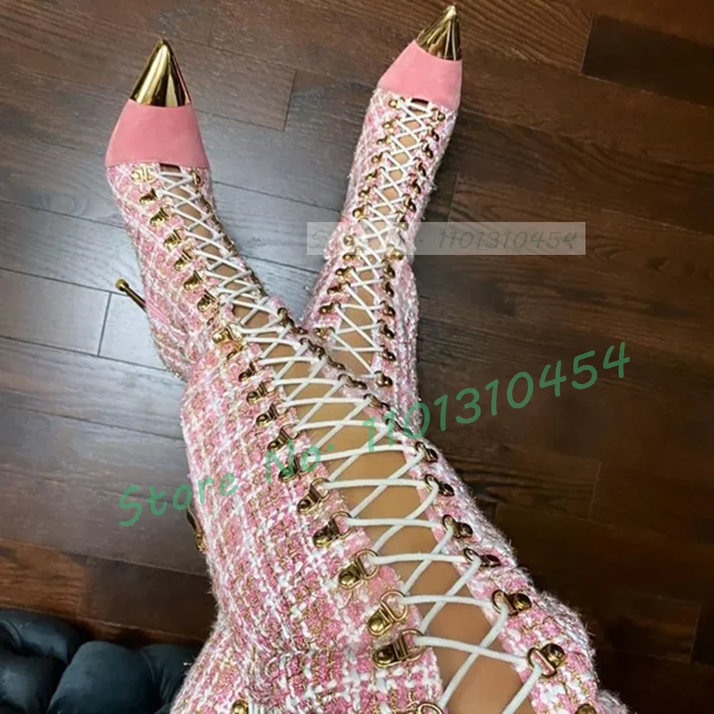 Sock Boot Women - รองเท้าบูททรงสูงกลวงลายสก็อตสีชมพูกับปลายแหลมโลหะรองเท้าบูทส้นสูงผูกไขว้สำหรับผู้หญิงรองเท้าบูทแฟชั่นฤดูใบไม้ร่วง
