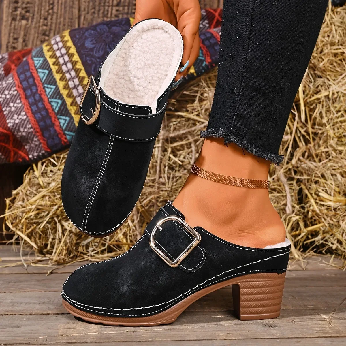 Women'S Shoes Clogs - รองเท้าแตะส้นหนาแบบสวมสำหรับผู้หญิง รองเท้าหัวปิด รองเท้าแตะลำลอง รองเท้าเดินสบาย รองเท้าใส่ในบ้านสำหรับผู้หญิง