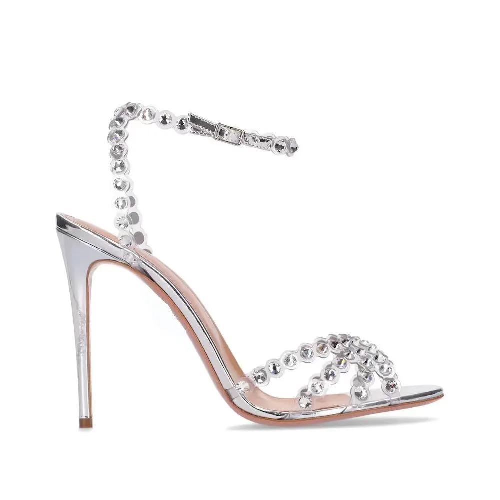 Women'S Shoes Quality - รองเท้าส้นสูงสีเงินไซส์ใหญ่สไตล์โซเชียล รองเท้าแตะเจลลี่ประดับเพชร เพิ่มความสูง ส้นเข็ม ส้นเตารีด หัวเปิด