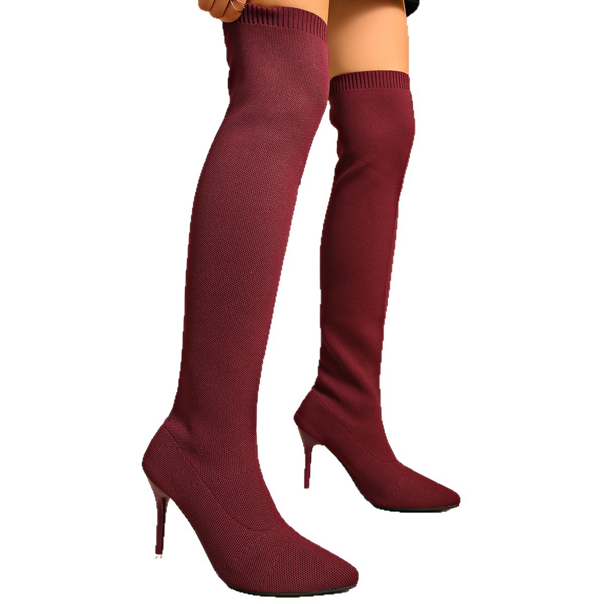 Sock Boot Women - รองเท้าบูทถุงเท้าเหนือเข่าสำหรับผู้หญิง ส้นสูงบาง ปลายแหลม ถักลาย บูทยาว สีไวน์และสีน้ำตาล