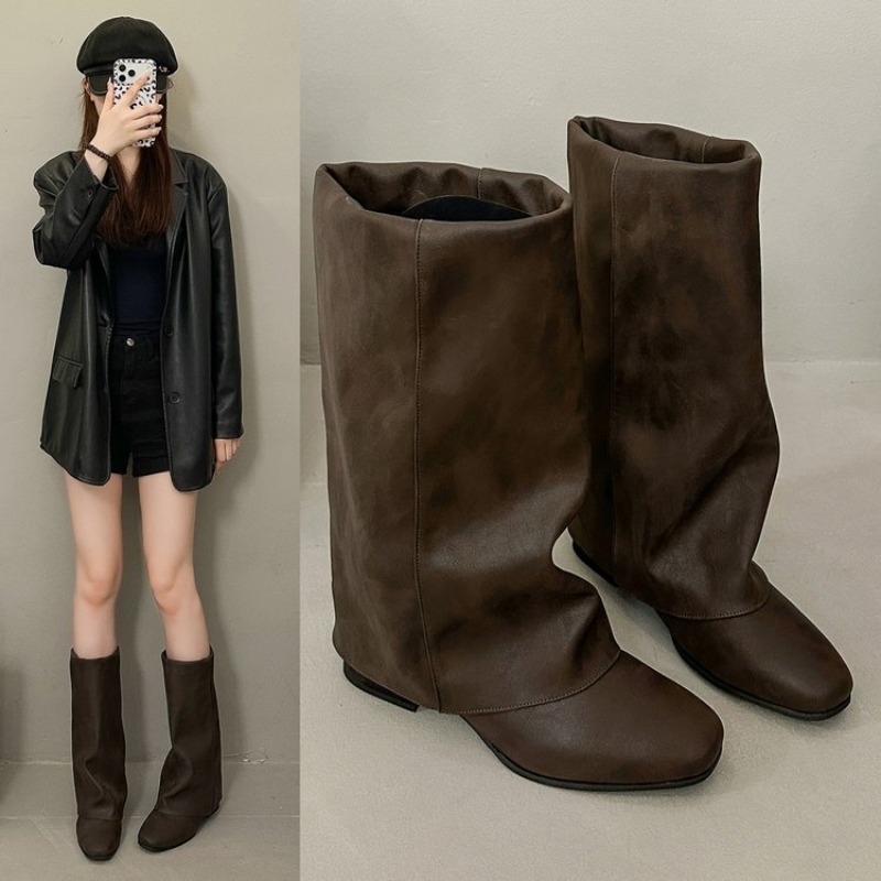 Knee High Boots Women - รองเท้าบูทแฟชั่นวินเทจหัวเหลี่ยมรุ่นใหม่ปี 2026 สำหรับผู้หญิง, รองเท้าบูททรงหลวม, รองเท้าบูทสั้นระดับกลางน่องที่ช่วยให้ดูเพรียวสำหรับผู้หญิง