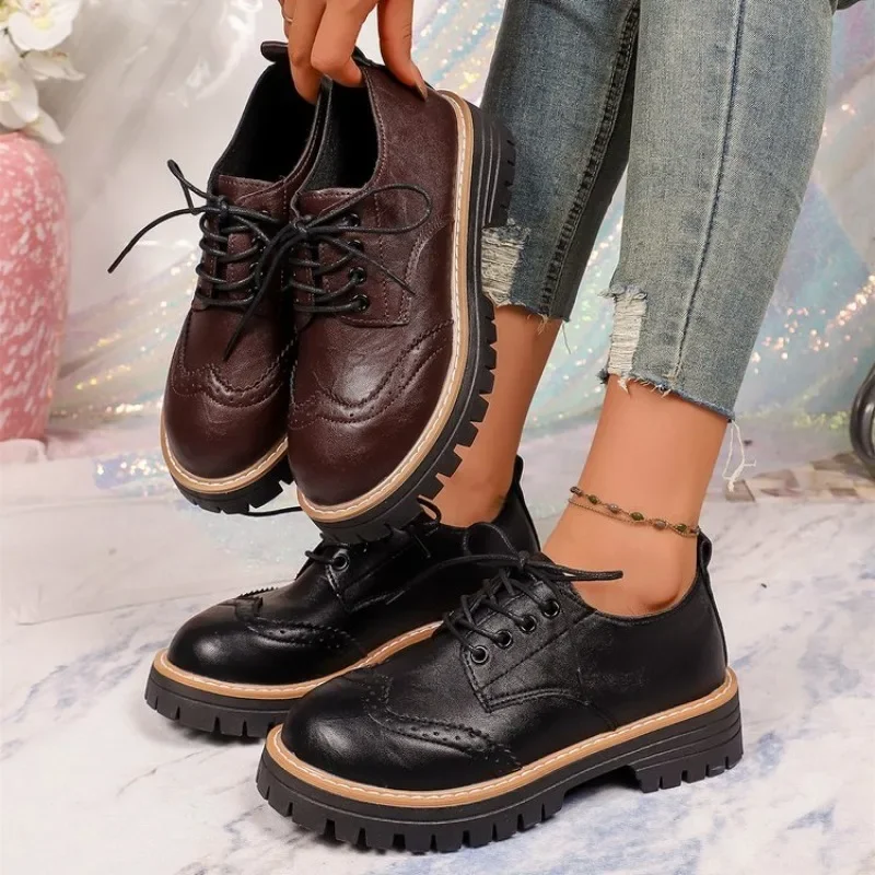Oxford Lace Up Women - รองเท้าผู้หญิงแบบคลาสสิก พื้นหนา ทรงอ็อกซ์ฟอร์ด พื้นเย็บตะเข็บ สายรัดเรียบ ป้องกันการลื่น