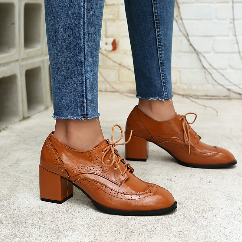 PLUS ขนาด 36-48 สีน้ําตาลสีดํา - Oxford Lace Up Women บทวิจารณ์และราคา