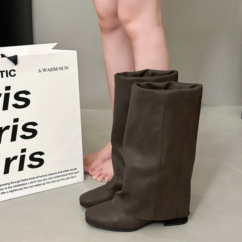 รองเท้าบูทแฟชั่นวินเทจหัวเหลี่ - Knee High Boots Women บทวิจารณ์และราคา