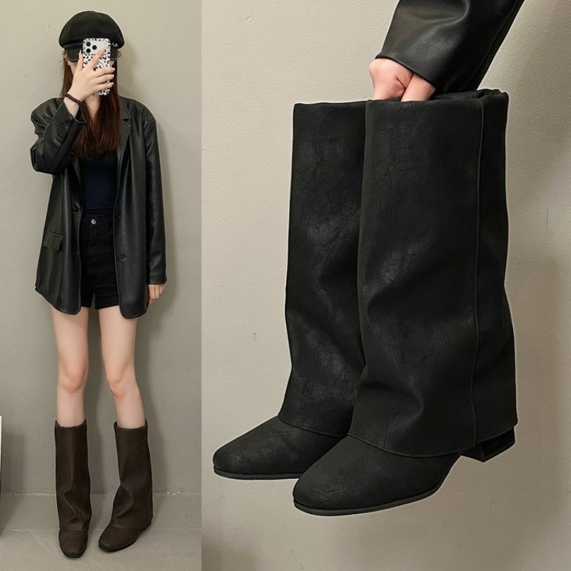 รองเท้าบูทแฟชั่นวินเทจหัวเหลี่ - Knee High Boots Women บทวิจารณ์และราคา